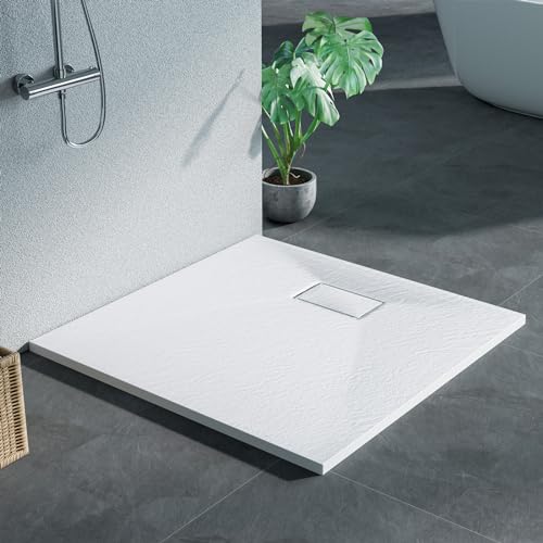Heilmetz® Duschwanne 90x90cm Flach Duschtasse Höhe 2.6 cm Brausewanne Steinoptik Antirutsch SMC Duschtasse, Ø 90mm Ablauföffnung -Weiß (ohne Siphon)