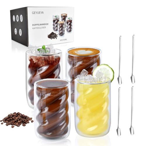 Latte Macchiato Gläser 350ml 4er Set mit Löffeln, Perfekt-Cold-Zustand Thermoglas Doppelwandige Kaffeegläser, Temperaturkonstanz Eiskaffee Gläser, Trinkgläser Set, Wassergläser, Geschenke, Festival