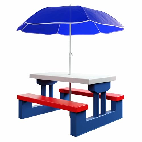Spielwerk® Kindersitzgruppe Sonnenschirm UV Schutz Stecksystem Waschbar ABS Kunststoff Wasser Wetterfest Outdoor Picknicktisch Kindertisch Gartenmöbel
