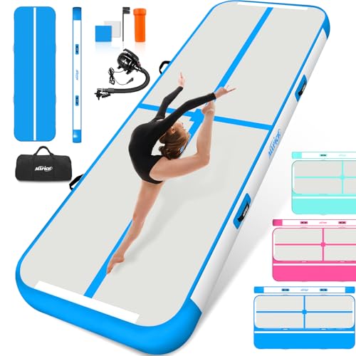 ALLPICK Turnmatte Aufblasbar mit elektrischer Luftpumpe, Länge 3/4/5/6 m Trainingsmatte, 10/20 cm hoch Tumbling Matte, Doppelseitiges Design Aufblasbar für Gymnastikmatte, Yoga -Blau 300*100*10 cm