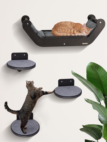 BSWAY Kletterwand Katzen Set mit Katzenbett und 3 Stufen, Katzenmöbel aus Holz Katzentreppe, Katzen Wandelemente Multifunktional zum Schlafen, Spielen und Klettern