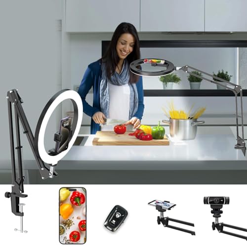 LUXSURE Ringlicht mit Stativ, Handy Stativ mit Ringlicht 10', Overhead Stativ Handy, Handy Stativ Tisch mit Ring Light, LED Ringleuchte mit Stativ für Inhaltserstellung, Live-Stream, Videoaufzeichnung