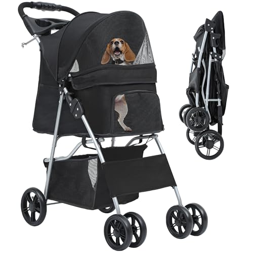 YITAHOME Hundewagen Haustiere Buggy bis 15kg, Hundebuggy mit Netzfenstern & Getränkehalter & Ablagekorb, Katzenbuggy für kleine Hunde Katzen (Schwarz)