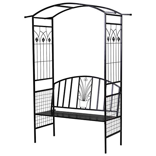 Outsunny Pflanzbogen mit Bank Sitzbank Torbogen Rankgitter Rankhilfe Garten Bogendach Metall Schwarz 154 x 60 x 205 cm