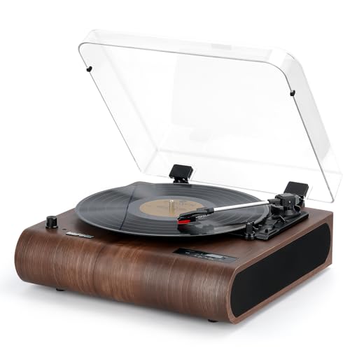 Retrospiler Plattenspieler, 3-Gang-Bluetooth-Plattenspieler mit eingebauten Lautsprechern, FM-Radio, Vinyl-MP3-Codierung, USB- & SD-Wiedergabe, LED-Bildschirm, Holz-Retro-LP-Player