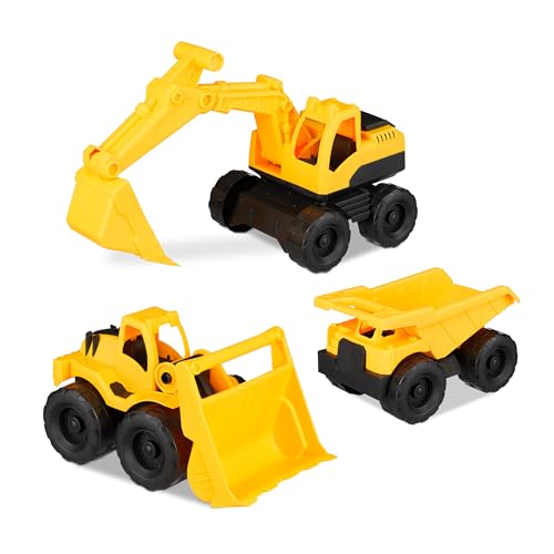 Relaxdays 10023916, 3er Set Spielzeug Baufahrzeuge, Bagger, Frontlader & LKW, für Sandkasten & Kinderzimmer, aus Kunststoff, Gelb