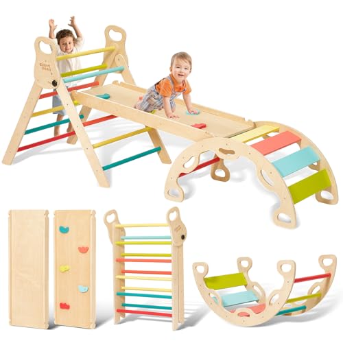 Giant bean 5-in-1 Montessori Kletterdreieck mit Kletterbogen und Rutsche, Holzdreieck für Kleinkinder ab 2-5, Indoor Kletterspielzeug, Regenbogen mit Griff, Hellbraun, M