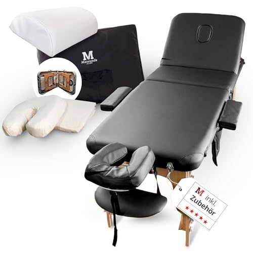 MASSUNDA – Mobile 3 Zonen Massageliege klappbar & höhenverstellbar – Stabiler Massagetisch aus Vollholz – All-Inkl. Massagebank mit ergonomischer Kopfstütze, Bezug, Armlehne, Kissen (Schwarz)