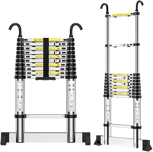 Teenza Teleskopleiter 3,2m, Aluminium-Haushaltsleiter mit Haken, TragfäHigkeit 150kg, füR Den Zugang Zum Dachboden, Zum Streichen, Zum Anlegen Eines Gartens, usw.