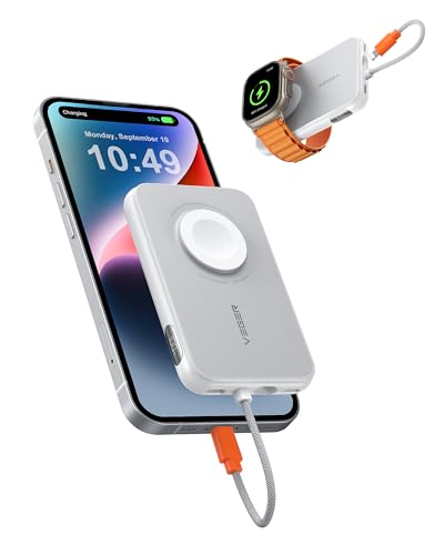 VEGER Mini Power Bank 20W PD, 5000mAh Powerbank mit Eingebautem Apple Kabel, mit Apple Watch Laden, 1x USB-C, Externer Handyakkus LED Display kompatibel mit iPhone, Apple Watch(9-1), Handys usw(Weiß)