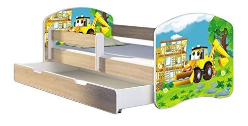 Kinderbett Jugendbett mit einer Schublade und Matratze Sonoma mit Rausfallschutz Lattenrost ACMA II 140x70 160x80 180x80 (20 Bagger, 140x70 + Bettkasten)