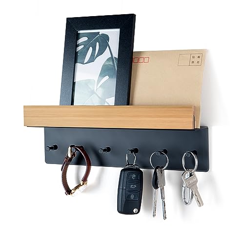 Schlüsselbrett Holz mit Ablage, Schlüsselhalter Schlüsselregal mit 6 Haken, Wand Schlüsselboard für Eingangsbereich, Flur, Küche