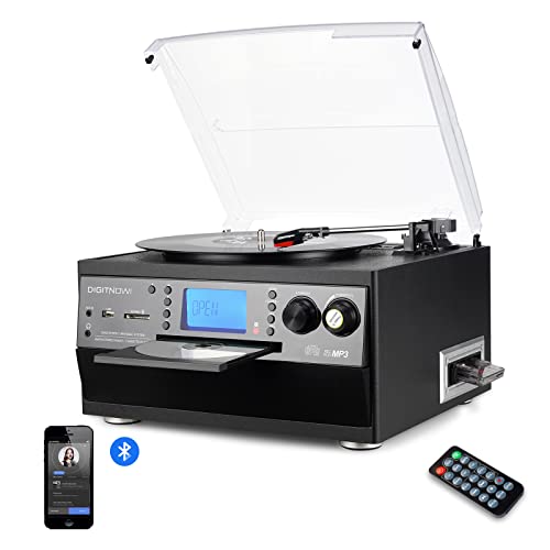 DIGITNOW! Plattenspieler mit Bluetooth, USB-Plattenspieler und Codierungsfunktion, klassischer CD-Player mit FM-Kassette, 3 Geschwindigkeitsstufen, 33/45/78 U/min, integrierte Lautsprecher,