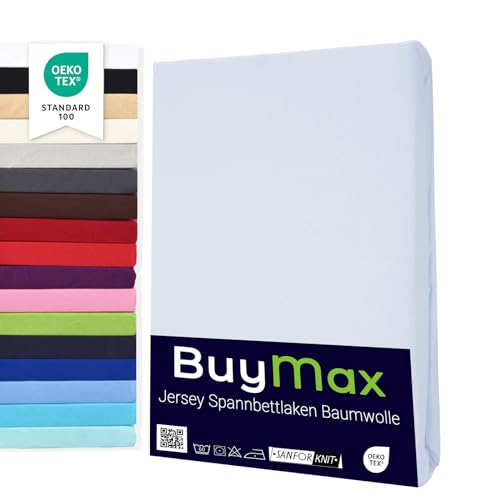 Buymax Spannbettlaken 140x200cm Baumwolle 100% Spannbetttuch Bettlaken Jersey, Matratzenhöhe bis 25 cm, Farbe Weiß