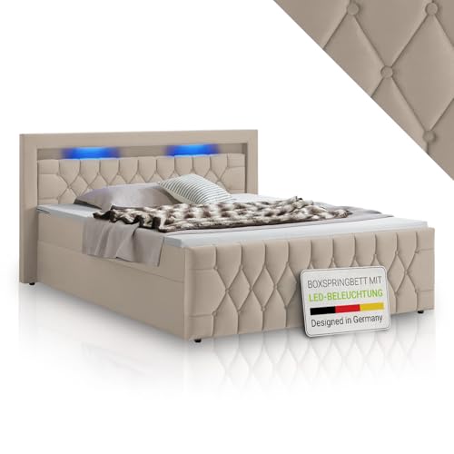 Juskys Boxspringbett Leona 180x200 cm - Bett mit LED Beleuchtung, Topper & H4 Federkern Matratzen - Doppelbett mit Samt und Steppung - Beige