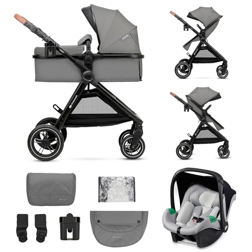 Kinderkraft ESME Kinderwagen 3 in 1 komplettset bis 26 kg, Kombikinderwagen reisesysteme mit Babyschale I-size 40-75 cm, Zusammenklappen, Liegeposition, Grau