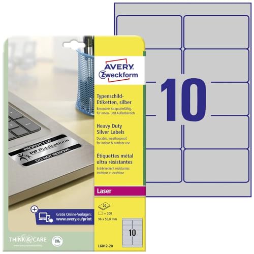 AVERY Zweckform L6012-20 Typenschild Folienetiketten (200 Aufkleber, 96x50,8mm auf A4, stark selbstklebend, strapazierfähig, wetterfest, bedruckbare Klebefolie, blanko) 20 Blatt, silber