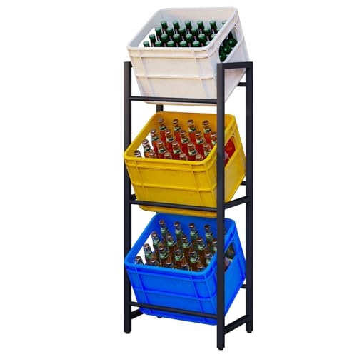 eSituro Getränkekistenregal 3 Ebenen, für 3 Getränkekisten, Flaschenkastenregal platzsparend, Kistenregal aus Metall, Getränkekistenhalter, Regal für Bier, Obst, Gemüse, Wasser, Rostfrei, Schwarz