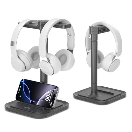 KDD Dual Headset Halterung für Schreibtisch - Drehbarer Kopfhörer Ständer mit Handyhalterung, Gaming kopfhörerhalter für Alle Headset - Abnehmbarer Rutschfester Basis Schreibtisch Zubehör für Gamer
