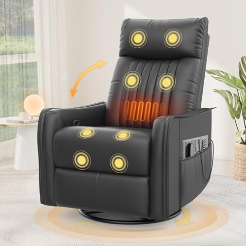 Srfzluxy Fernsehsessel Massagesessel mit Liegefunktion, Relaxsessel mit Wärme und Massage, 360°Drehbarer TV Sessel Wohnzimmer, Schaukelstuhl mit Gepolsterte Kopfstütze, 2 Seitentaschen