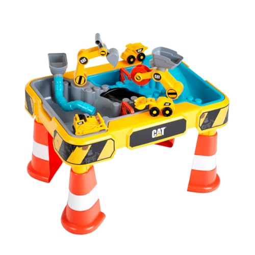 Theo Klein 3208 Caterpillar Sand- und Wasser Spieltisch I Zwei Becken inkl. Rad- und Löffelbagger, Brücke, Rohren, Stoppern u.v.m. I Maße: 64 cm x 48 cm x 40 cm I Spielzeug für Kinder ab 18 Monaten