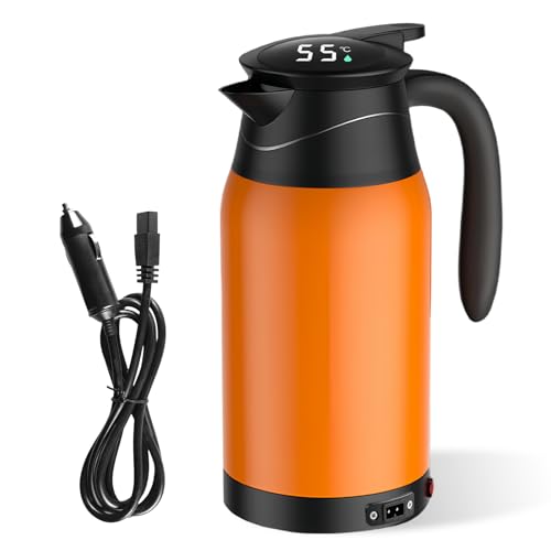 Wasserkocher Auto, Auto Wasserkocher 12V, 1000ml Wasserkocher für Auto mit Temperaturanzeige Edelstahl Reisewasserkocher Auto, Wasserkocher Auto Zigarettenanzünder Tragbarer Auslaufsicher