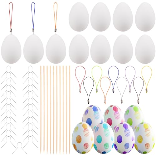 AWCIGG Ostereier Bemalen 25 Stück Plastik Ostereier zum Aufhängen Weiß Kunststoff Eier zum Bemalen Kinder Easter Egg mit Aufhänger Holzstäbe und Hängeseil