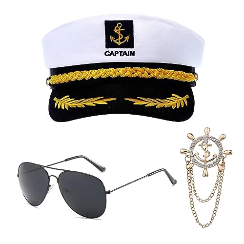 KALUROIL 3-teiliges Kapitänsmütze Kostüm Set mit Sonnenbrille, Stilvolle Hüte für Erwachsene - Abzeichen für Partys & Cosplay