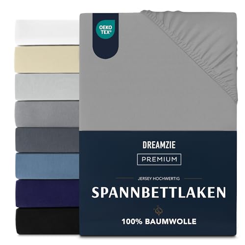 Dreamzie Premium Spannbettlaken 180x200 cm, Spannbetttuch für Dicke Matratzen bis zu 27 cm, Bettlaken 100% Jersey Baumwolle, 150 g/m², Oeko-TEX Zertifiziert - Grau