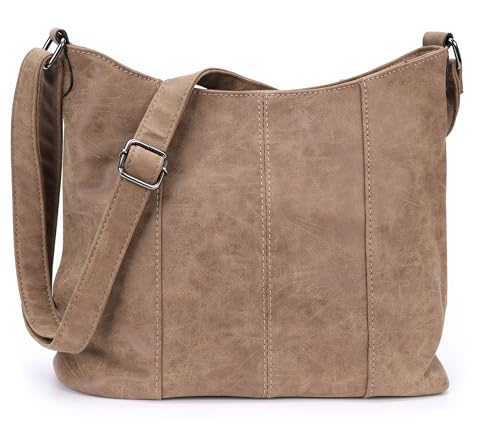 irisaa Handtasche Damen Hobo Schultertasche, Medium Umhängetasche praktische Henkeltasche mit vielen Fächern, Vintage Look mit Reißverschluss, DKB Farbe:Braun