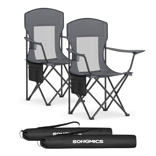 SONGMICS Campingstuhl 2er Set, Klappstuhl Outdoor, Angelstuhl, hohe Rückenlehne, verstellbare Armlehnen, Getränkehalter, klappbar, bis 150 kg belastbar, Camping Garten, schiefergrau GCB028G01