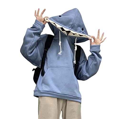 ORANDESIGNE Harajuku Ästhetische Hai Anime Hoodie Frauen Koreanisch Kawaii Rundhalsausschnitt Streetwear Kpop Herbst Winter Kleidung Tops B Blau M
