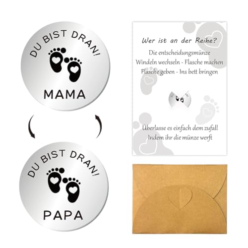 Entscheidungsmünze Papa Mama, Geschenke Zur Geburt, Neue Eltern Geschenk Geburt, Geschenk für Werdende Mutter Werdender Papa, Schwangerschaftsgeschenk, Taufgeschenke für Mädchen Jungen Baby (Silber)