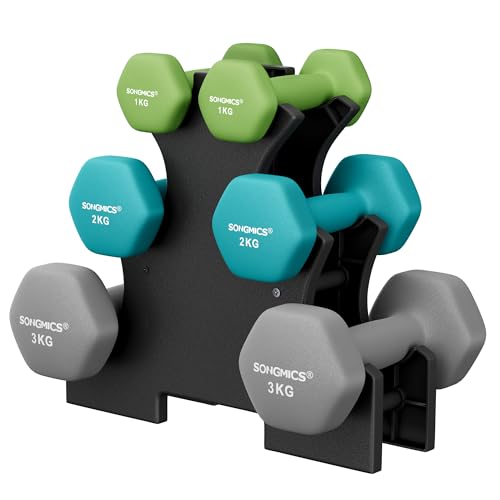 SONGMICS Kurzhantel Set, Hexagon, mit Hantelständer, 2 x 1 kg, 2 x 2 kg, 2 x 3 kg, mattes Finish, Neopren-Beschichtung, Krafttraining, zu Hause, limettengrün, aquamarin und hellgrau SYL612GN