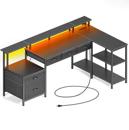 Rolanstar Schreibtisch L Form mit Schubladen, reversibler Gaming Tisch mit Steckdose, LED & Monitorständer 163 cm Computertisch für Büro Arbeitszimmer Schlafzimmer