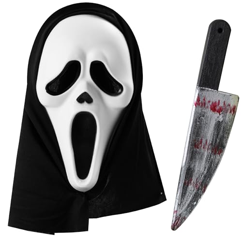 Halloween Horror Maske und Fake Messer im Set – Masken Kostüm für Erwachsene – Ghost Maske Prank Artikel – Zombie Messer mit Fake Blut und Halloween Maske als Requisite und für Gruselige Kostüme