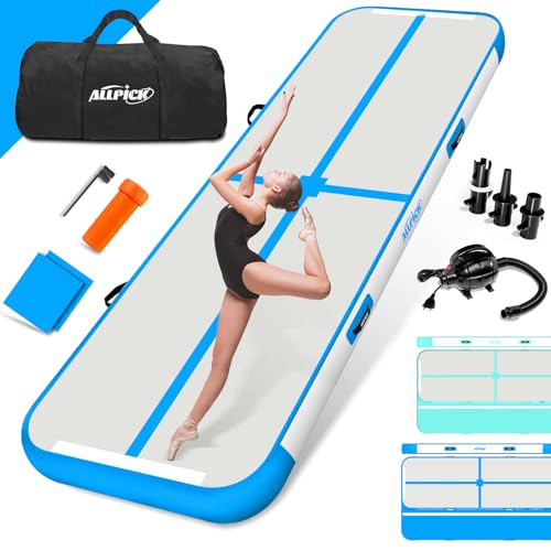 ALLPICK Turnmatte Aufblasbar mit elektrischer Luftpumpe, Länge 3/4/5/6 m Trainingsmatte, 10/20 cm hoch Tumbling Matte, Doppelseitiges Design Aufblasbar für Gymnastikmatte, Yoga -Blau 300*100*10 cm
