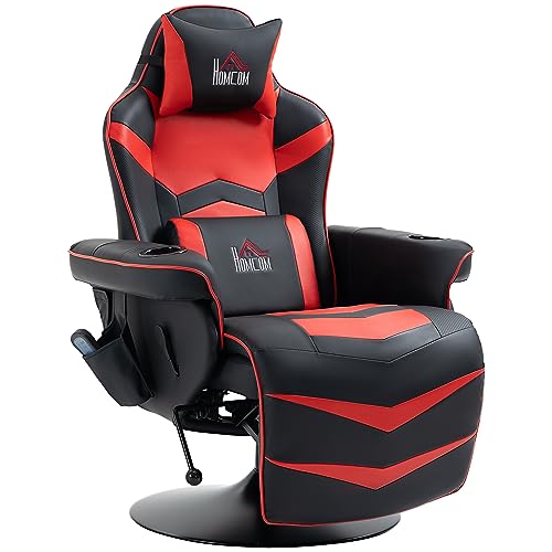 HOMCOM Relaxsessel mit Massagefunktion, Fernsehsessel mit Liegefunktion, Kissen, Drehbar TV-Sessel mit Fernbedienung, Becherhalter und Seitentasche, Kunstleder, Rot