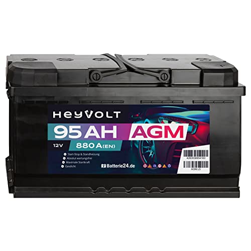 HeyVolt AGM Autobatterie 12V 95Ah 880A/EN Starterbatterie, Start-Stopp & Standheizung geeignet, absolut wartungsfrei