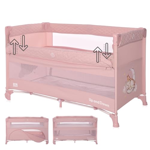 Lorelli 3 in 1 Babybett, Beistellbett und Laufstall Up and Down, Kinderbett mit 2 Ebenen, Seiteneingang und Faltbarer Seitenwand, Baby Reisebett, rosa
