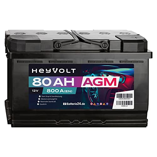HeyVolt AGM Autobatterie 12V 80Ah 800A/EN Starterbatterie, Start-Stop & Standheizung geeignet, absolut wartungsfrei