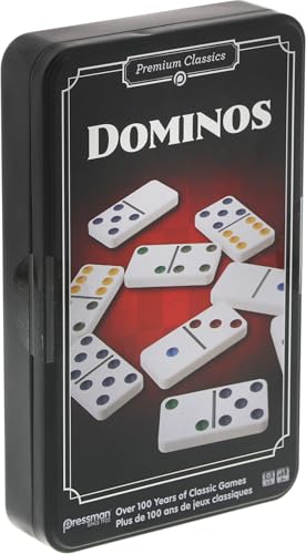 Goliath Domino, Klassisches Brettspiel für Erwachsene und Kinder ab 5 Jahren, Reiseversion mit Metallbox mit 28 hochwertigen Dominosteinen mit farbigen Punkten für 1-5 Spieler