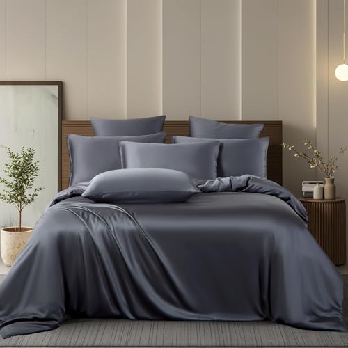 Boqingzhu Bambus Bettwäsche 135x200cm Anthrazit Grau Uni Einfarbig Einzelbett Luxus Lyocell Seide Bettwäsche Set Bettbezug mit Reißverschluss und Kissenbezug 80x80cm