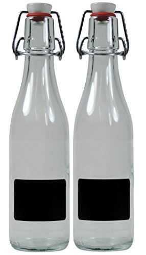 Viva Haushaltswaren - 2 x kleine Glasflasche 330 ml leer mit Bügelverschluss aus Porzellan zum Befüllen, als transparente Saftflasche und Ölflasche verwendbar (inkl. 2 Beschriftungsetiketten)