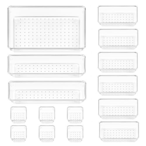 Vtopmart 15 Stücke Schubladen Ordnungssystem mit 4 Größen, Schubladen Organizer, Klar Kunststoff Organizer Schublade, Schminktisch Organizer Einsetzbar für Makeup Organizer, Küchen, Bad, Büro