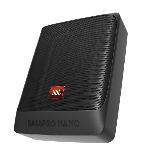 JBL BassPro Nano Ultra-Kompaktes aktives Untersitz Subwoofer Set 15 x 20 cm - 200 Watt Unter sitz Auto Subwoofer Aktiv, schwarz