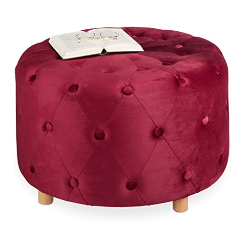 Relaxdays Sitzhocker rund, für Wohn-& Ankleidezimmer, gepolsterter Samthocker, XXL Sitzpuff, HxD: 41 x 65 cm, Bordeaux