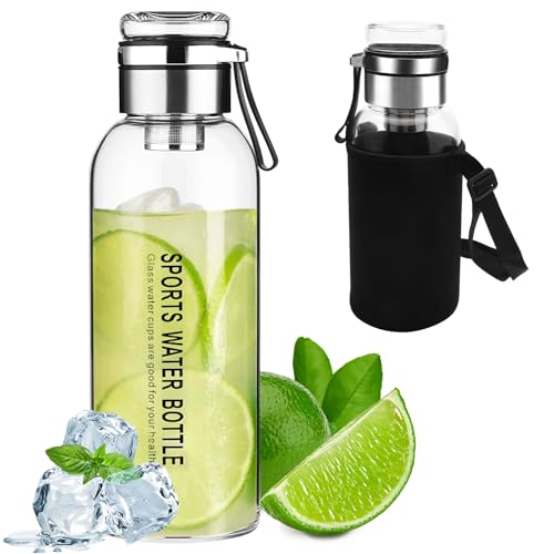Glasflasche 1 Liter Trinkflasche Glas Wasserflasche 1L Wasser Flasche aus Glas mit Schutzhülle Glastrinkflasche Teeflasche mit Sieb Glasflaschen Glass Water Bottle Glasdeckel als Becher Verwendbar