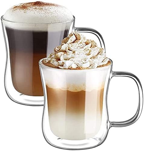 ecooe Doppelwandige Latte Macchiato Gläser Set Borosilikatglas Kaffeetassen Glas 2er Set 350ml Kaffeeglas Teegläser mit Henkel für Cappuccino,Tee,EIS,Milch,Bier