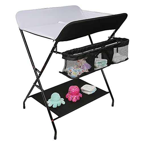 Kedia Baby Wickelkombi - klappbare Wickelkommode, mobiler Wickeltisch mit Wickelauflage, Sicherheitsgurt und Ablagefächern, platzsparend & stabil 80 * 66 * 98cm (79 * 55.5 * 96cm schwarz weiß)